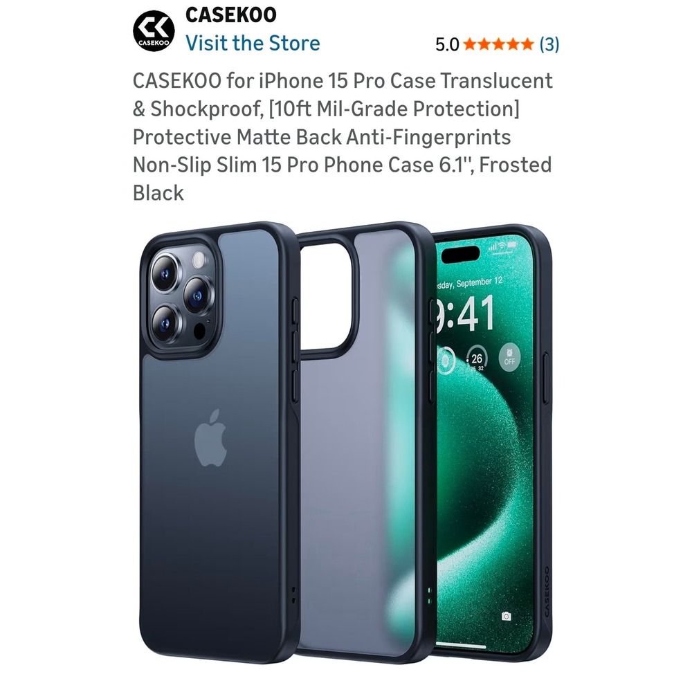 CASEKOO iPhone 15 Pro Case‎ Translucent Frosted Black Slim Drop Protection